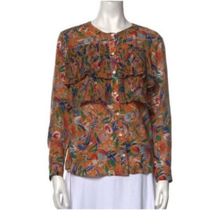 Saloni Women’s Size XS US 2 Long Sleeve Silk Floral Top Ruffles Print Bird Flora